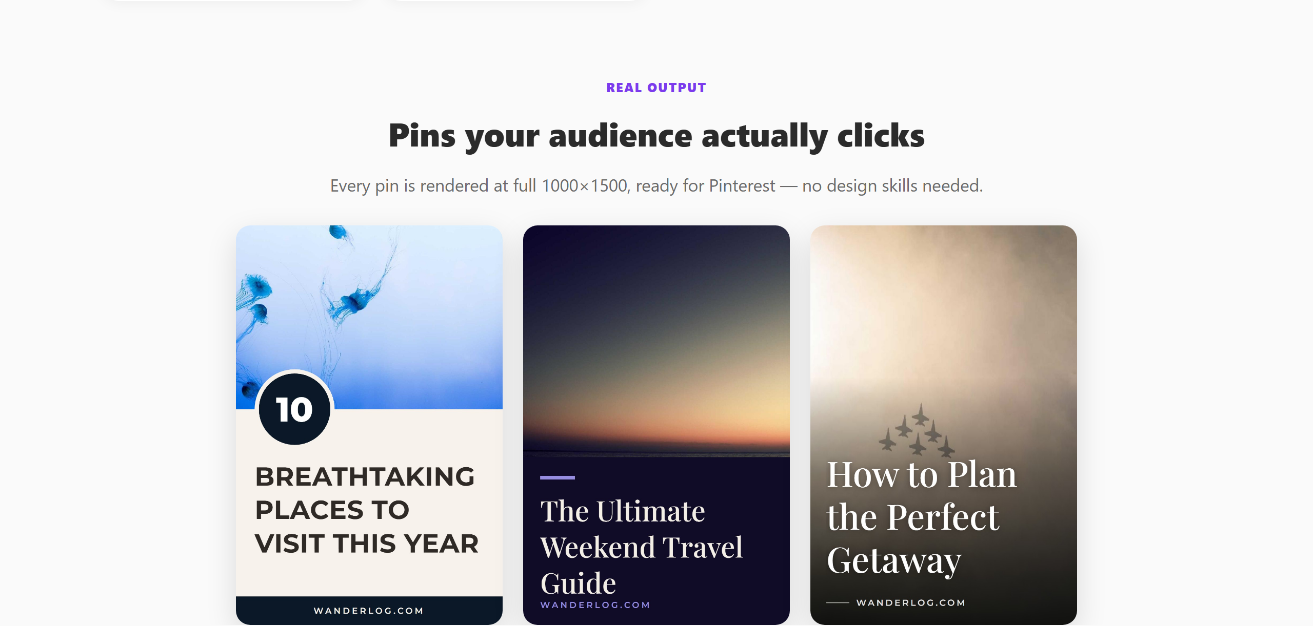 Example Pinterest pins created with PinPublish templates